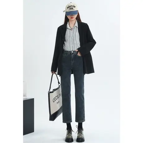 裤子女秋季2023年新款高腰显瘦直筒牛仔裤女蓝灰色九分法棍烟管裤商品大图