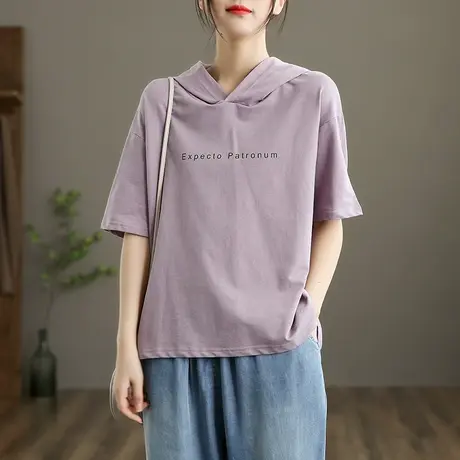 dza文艺纯棉连帽短袖t恤女士2022夏季新短款上衣宽松大码半袖体恤商品大图