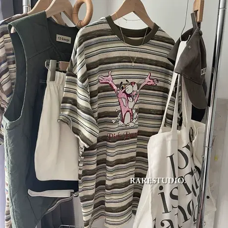 复古彩条纹高级感棉麻顽皮豹趣味卡通减龄休闲宽松大版短袖T恤女商品大图