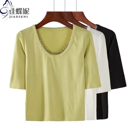 春夏新款纯白修身圆领银链可拆卸纯色中袖体恤上衣内搭打底女半袖商品大图