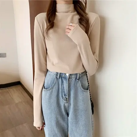 秋冬德绒半高领打底衫女白色加绒加厚内搭百搭洋气黑色上衣ins潮商品大图