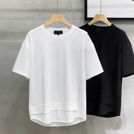美式休闲极简复古中式拼接设计感小众帅气宽松T恤圆领简约短袖男商品大图