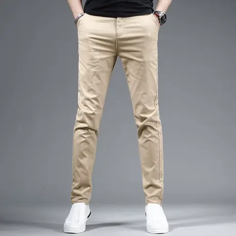 2023夏季新款休闲裤男卡其色潮牌修身小直筒弹力百搭男士潮流长裤商品大图