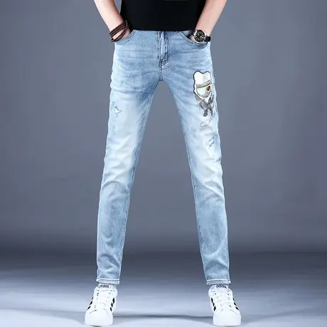 轻奢品牌烫钻牛仔裤男款夏季新款裤子男士修身小脚休闲裤高端弹力商品大图