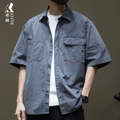夏季薄款工装短袖衬衫男重磅洗水复古衣服宽松大码纯棉衬衣外套潮商品大图