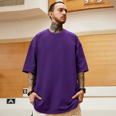 加肥加大纯色宽松T恤情侣装纯棉胖子紫色半袖大码男短袖五分袖夏商品大图