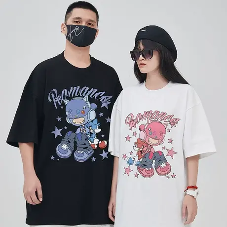 摩严港风潮牌胖子男装大码国潮宽松日系情侣卡通短袖T恤大码半袖图片