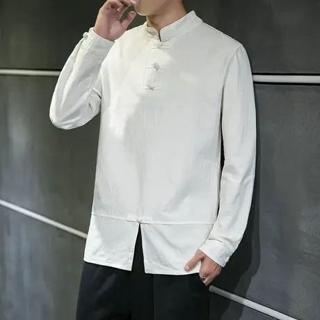 春秋男棉麻长袖T恤宽松复古中国风盘扣大码白色打底衫中式体恤衫图片