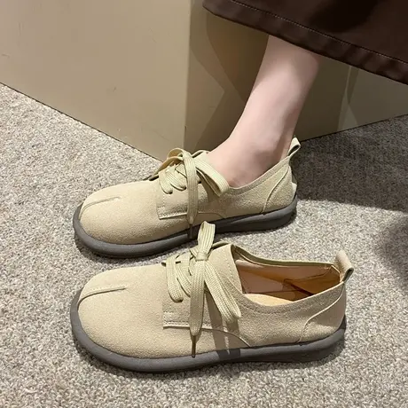 复古英伦风小皮鞋女秋森系绒面厚底软底乐福勃肯鞋系带休闲丑萌鞋图片