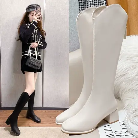 2023秋冬新款法式时装女靴方头粗跟长筒靴女不过膝高筒骑士靴长靴图片