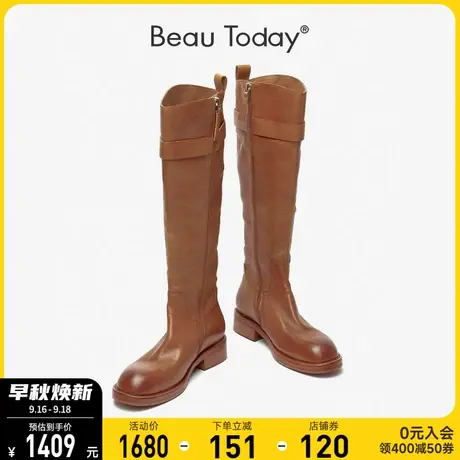 BeauToday长筒靴女新款秋季BT粗跟ins英伦风女鞋法式真皮高筒靴图片