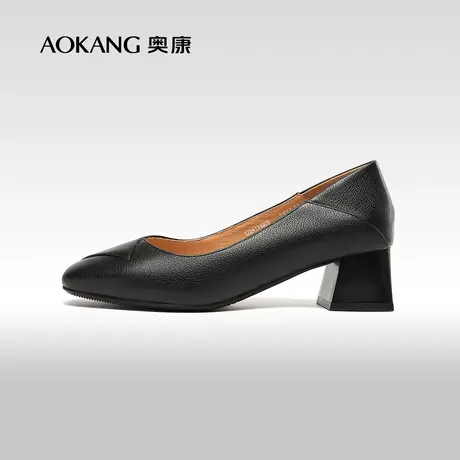 奥康女鞋 春秋季真皮舒适浅口单鞋方头女士粗跟通勤鞋时尚百搭商品大图