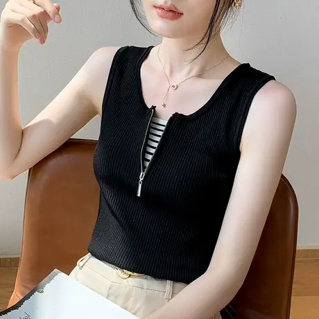 半开领吊带背心女2023夏季新款修身拉链外穿假两件冰丝无袖上衣商品大图