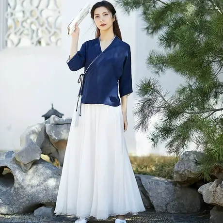 素飞唐装女中国风交领系带佛系禅意女装居士服汉服改良茶服上衣夏商品大图