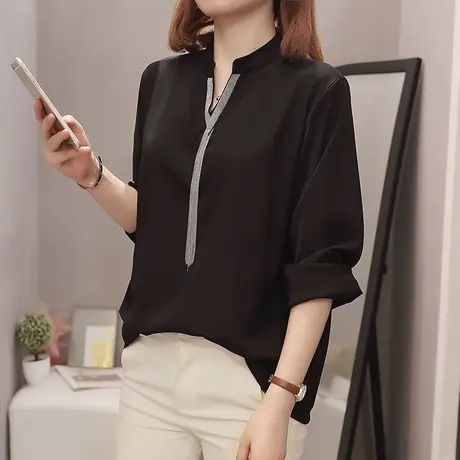 雪纺衫女长袖秋季2023新款上衣高端v领洋气小衫高贵大码胖mm遮肚图片