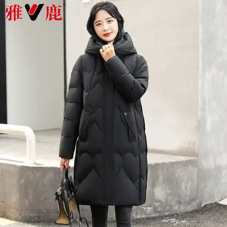 雅鹿黑色羽绒服女中长款2022冬季新款妈妈款保暖加厚连帽外套高端商品大图
