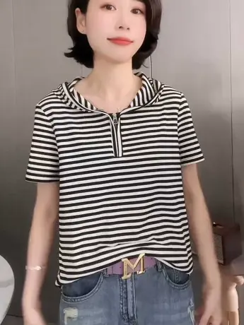夏季新款条纹短袖T恤上衣时尚显瘦打底衫休闲减龄百搭连帽卫衣女商品大图