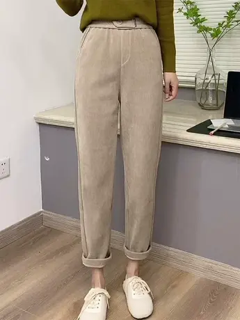 大码女装遮胯显瘦毛呢裤子秋冬新款胖妹妹时尚休闲加绒哈伦小脚裤商品大图