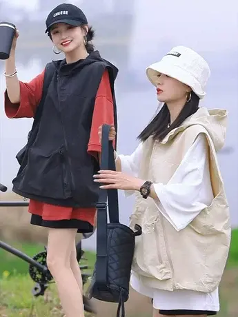 2023春夏设计感无袖连帽马甲女薄款宽松复古休闲运动风外套上衣潮商品大图