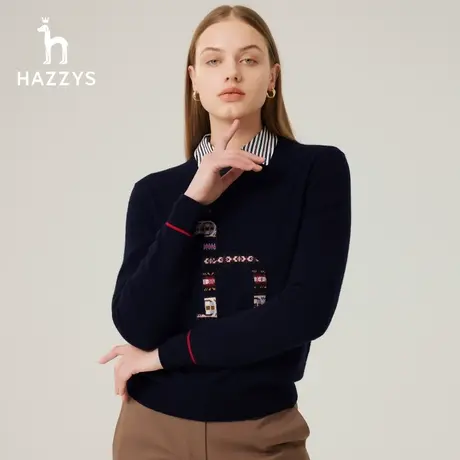 【商场同款】Hazzys哈吉斯圆领羊毛衫女士秋季新款针织衫休闲毛衣图片