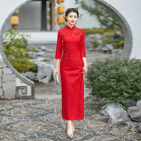 红色外嫁女回娘家回门装中袖秋冬加厚中式喜婆婆新娘红妆年会旗袍图片