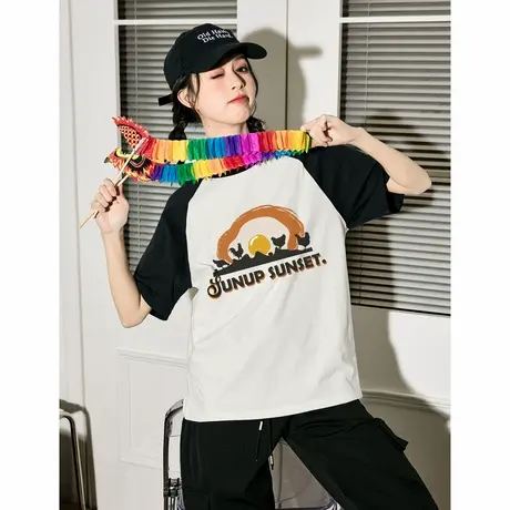唐狮短袖女t恤夏新款女插肩拼接修身韩系圆领休闲宽松上衣图片