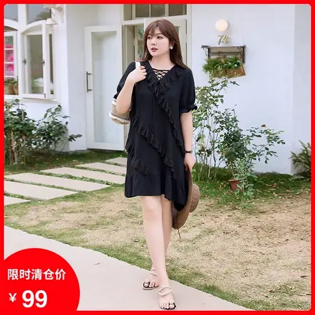 显瘦大码胖MM短袖小黑裙2023年夏装新款V领木耳边减龄气质连衣裙商品大图