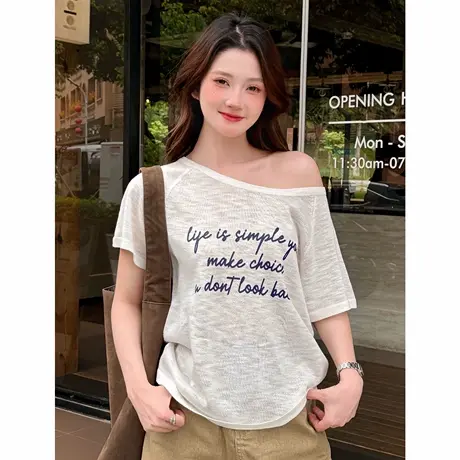 尔给夏季斜肩针织衫女两穿薄款简约时尚宽松印花百搭休闲正肩上衣商品大图