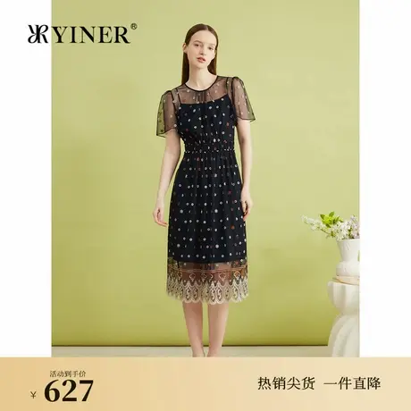 YINER音儿专选女装夏季时尚法式优雅优雅绣花收腰连衣裙图片