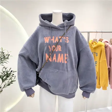 金丝绒连帽卫衣女冬季韩版刺绣字母慵懒风宽松加绒加厚保暖女外套商品大图