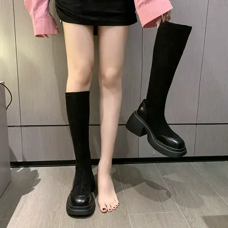 小个子长筒靴女秋冬新款松糕厚底高跟弹力显瘦瘦袜子靴高筒骑士靴图片