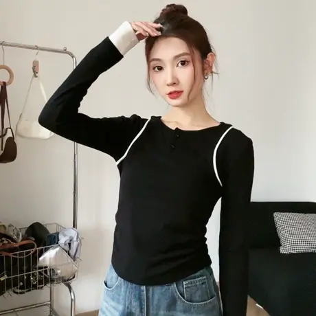 尔给薄款圆领小众黑色打底衫女2023新款春秋设计感长袖短款上衣商品大图