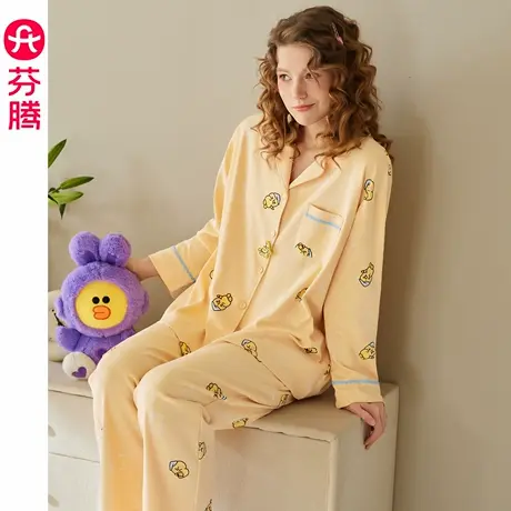 芬腾纯棉睡衣女款春秋季抗静电长袖套装可爱布朗熊卡通休闲家居服商品大图