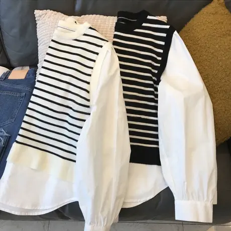 假两件条纹衬衫女春秋季宽松显瘦长袖2022年新款韩版百搭学生上衣图片