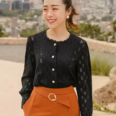桔熊秋冬季复古温暖磨毛蕾丝衬衫柔软镂空罩衫上衣女大码AB16588图片