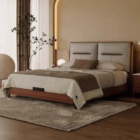 顾家家居实木胡桃木2025款轻奢简约主卧一米八真皮软包双人大床房商品大图