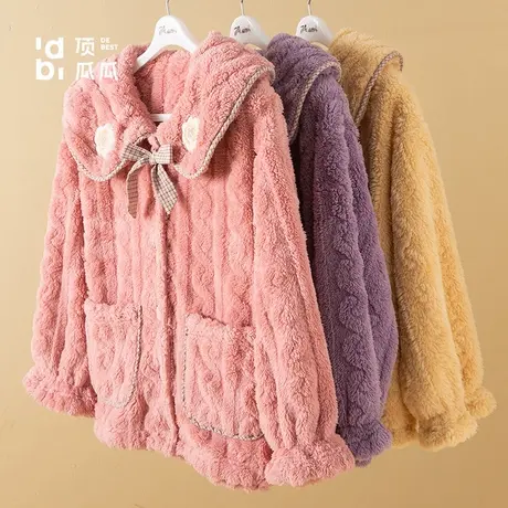 顶瓜瓜秋冬女士加绒加厚可外穿家居服套装剪花绒睡衣可爱翻领加厚图片
