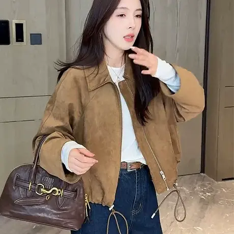 韩版时尚百搭宽松显瘦鹿皮绒抽绳长袖外套女休闲夹克上衣秋季新款商品大图
