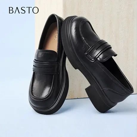 百思图2026春季商场新款英伦黑色乐福鞋小皮鞋女粗跟单鞋W2055AA6图片