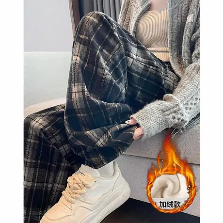 唐狮秋冬季新款女休闲裤抽绳阔腿裤格子裤高个子加绒裤子女WPTD商品大图