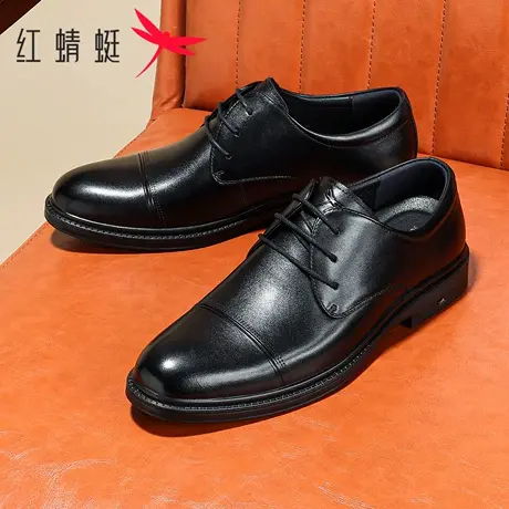 红蜻蜓皮鞋男款三接头商务正装鞋真牛皮男士系带婚鞋英伦德比鞋商品大图