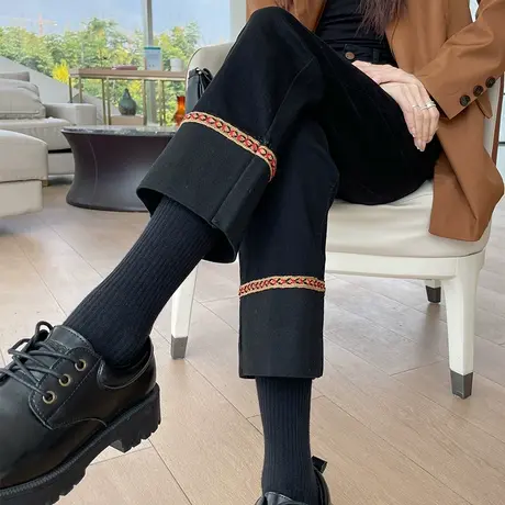 黑色九分直筒牛仔裤女小个子秋冬新款高腰显瘦翻边设计宽松烟管裤商品大图