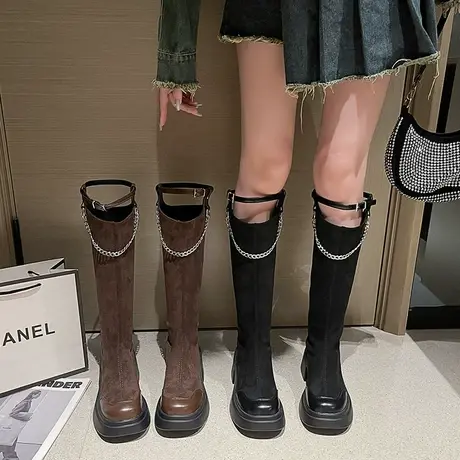 长筒靴女2023春秋季新款小个子粗腿复古时尚瘦瘦靴粗跟高跟骑士靴商品大图
