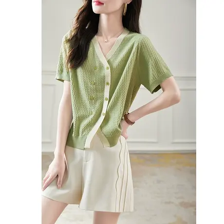 宝诗黎2023新款V领双排扣短款针织开衫夏季短袖时尚简约洋气上衣商品大图