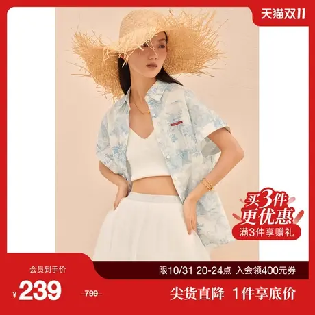 【首降】欧时力新款夏装印花落肩中长款宽松国风纯棉短袖衬衫女商品大图