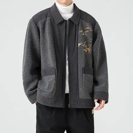 新中式设计感羊羔毛夹克男中国风冬季外套国潮套装刺绣情侣两件套图片