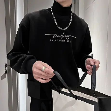 高领卫衣男秋冬个性拼接口袋设计感刺绣字母加绒保暖内搭体恤T恤图片