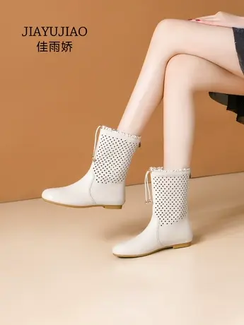 白色短靴平跟2023春夏新款中筒靴圆头凉靴真皮镂空女鞋薄款洞洞靴图片