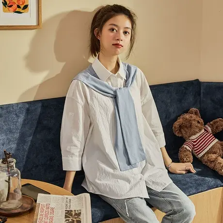 唐狮春夏季新款条纹衬衫女披肩两件套上衣女设计感小众衬衣图片