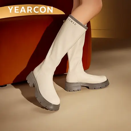 意尔康长筒靴白色2023年秋冬新款小腿围女靴靴子女高筒靴平口长靴商品大图